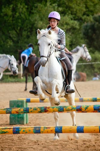 Jeune femme qui saute une barrière avec son cheval